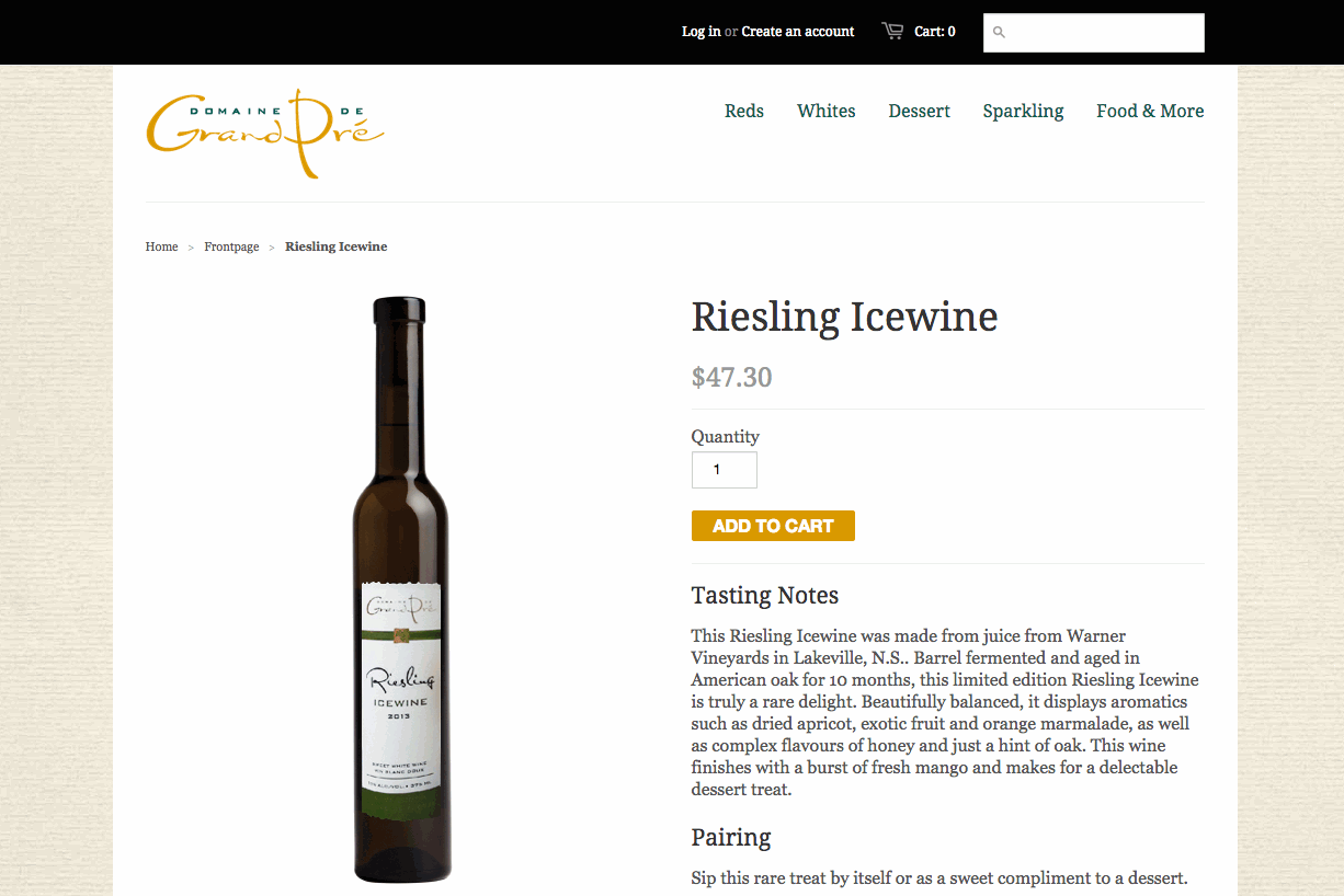 Screenshot of the Grand Pré Online Wine Shop